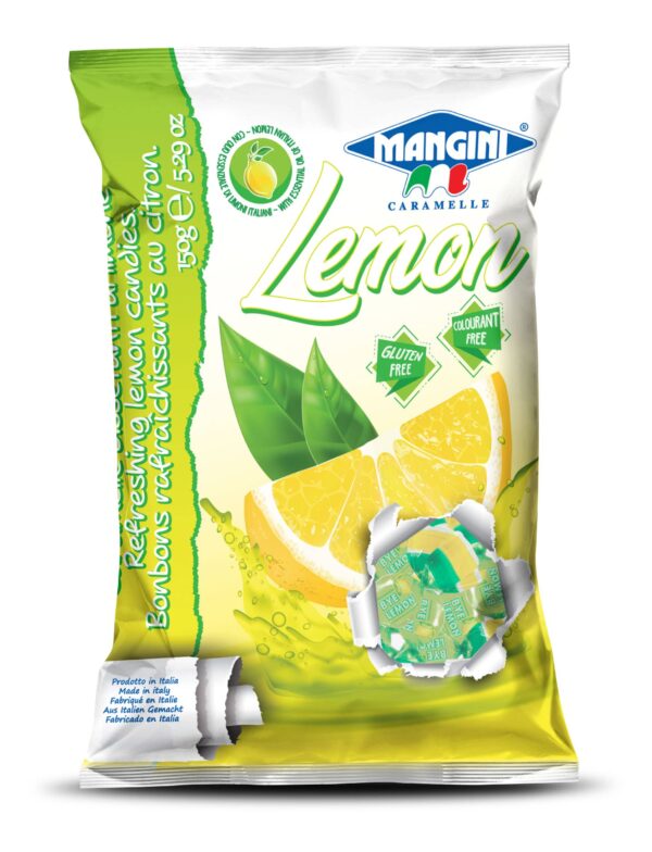 186c8dd624ecd70b0c2e81ad234ca72df79b073f3742497d8cf5d89418bfe6fc Mangini Mini Lemon Candy (Bye Lemon) 150gr Bag 1