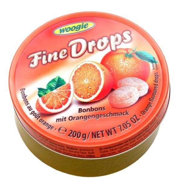 afdc183b203e7d123b552c081a36268595e59e1bba5aa6d3d8a1053825b3168e Woogie Orange Drops Sanded Candies 200g Tin 1