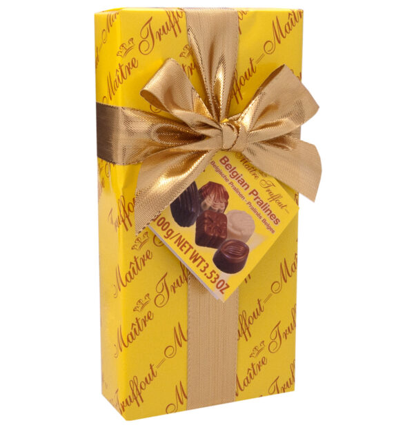 be0605 Maitre Truffout, Belgian Chocolate Pralines In yellow Ribbon Gift Box 100g (2 pcs) 1