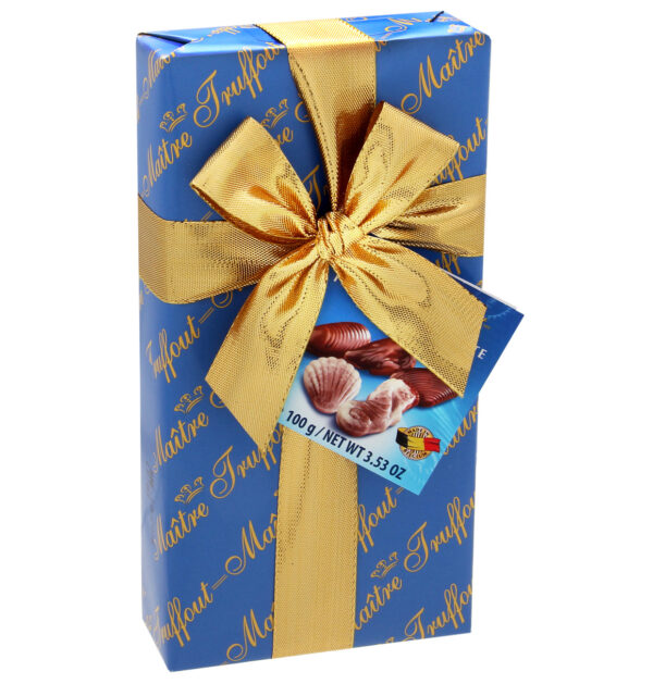 be0607 Maitre Truffout, Belgian Chocolate Sea Shells Pralines In Blue Ribbon Gift Box 100g (2 pcs) 1